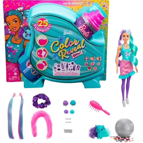 Mattel Barbie Color Reveal Glitzer! Haarwechsel Puppe Glitzerviolett Mit 25 Überraschungen